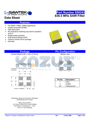 856243 datasheet - 836.5 MHz SAW Filter