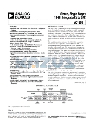 AD1859 datasheet - Stereo, Single-Supply 18-Bit Integrated DAC