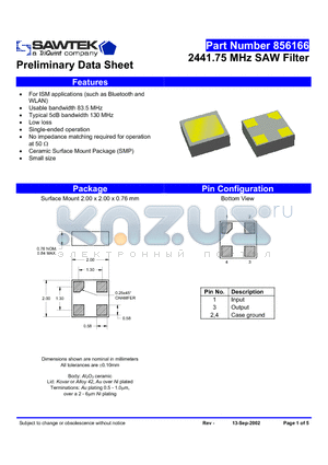 856166 datasheet - 2441.75 MHz SAW Filter