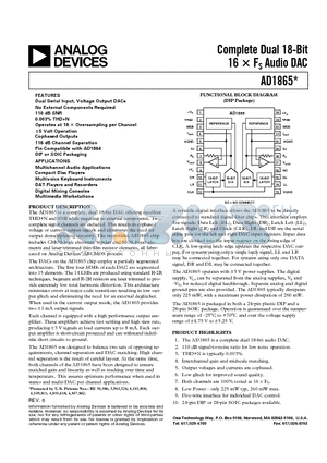 AD1865N-J datasheet - Complete Dual 18-Bit 16 x Fs Audio DAC