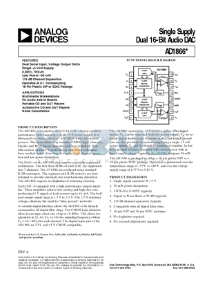 AD1866 datasheet - Single Supply Dual 16-Bit Audio DAC