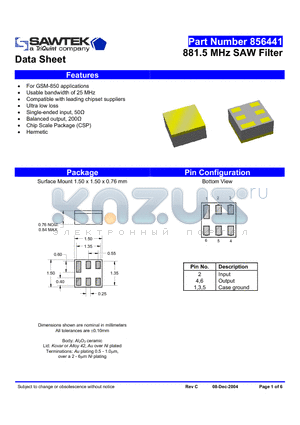 856441 datasheet - 881.5 MHz SAW Filter