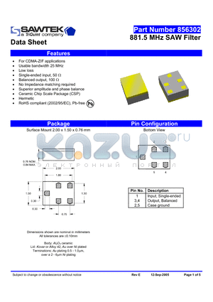 856302 datasheet - 881.5 MHz SAW Filter