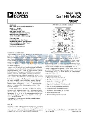 AD1868R datasheet - Single Supply Dual 18-Bit Audio DAC