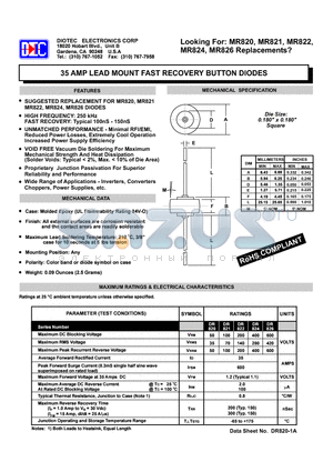 DR821 datasheet - 35 AMP LEAD MOUNT FAST RECOVERY BUTTON DIODES