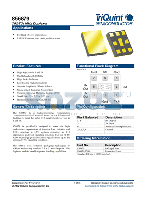 856879 datasheet - 782/751 MHz Duplexer