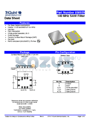 856929 datasheet - 140 MHz SAW Filter