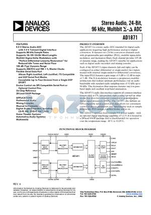 AD1871YRS-REEL datasheet - Stereo Audio, 24-Bit, 96 kHz, Multibit ADC