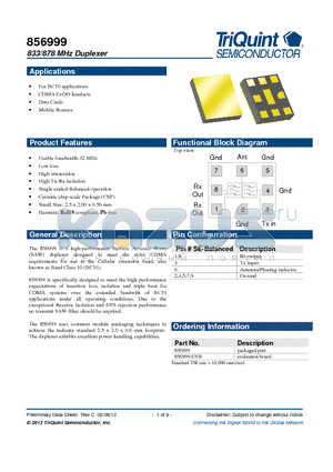 856999 datasheet - 833/878 MHz Duplexer