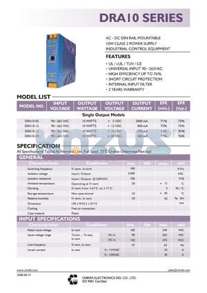 DRA10-05 datasheet - AC - DC DIN RAIL MOUNTABLE 10W CLASS 2 POWER SUPPLY INDUSTRIAL CONTROL EQUIPMENT