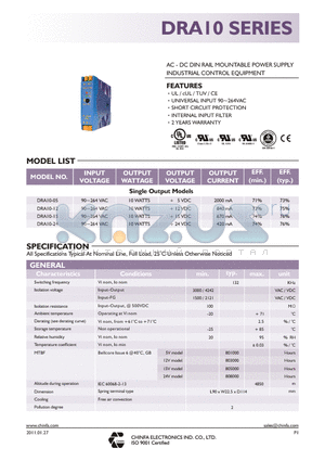 DRA10-05 datasheet - AC - DC DIN RAIL MOUNTABLE POWER SUPPLY INDUSTRIAL CONTROL EQUIPMENT