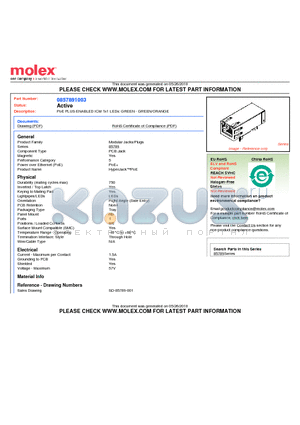 85789-1003 datasheet - PoE PLUS ENABLED ICM 1x1 LEDs: GREEN - GREEN/ORANGE