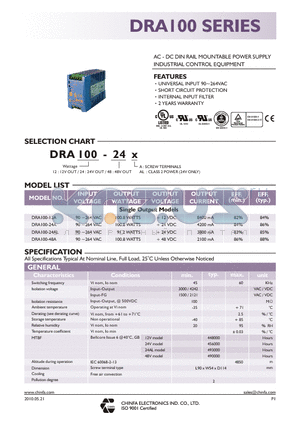 DRA100-12A datasheet - AC - DC DIN RAIL MOUNTABLE POWER SUPPLY INDUSTRIAL CONTROL EQUIPMENT