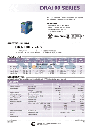 DRA100_10 datasheet - AC - DC DIN RAIL MOUNTABLE POWER SUPPLY INDUSTRIAL CONTROL EQUIPMENT