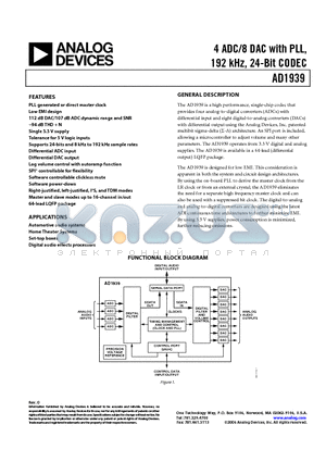 AD1939 datasheet - 4 ADC/8 DAC with PLL, 192 kHz, 24-Bit CODEC