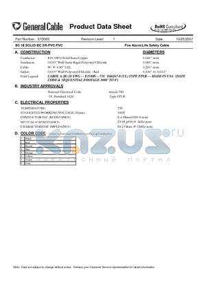 E1508S datasheet - 8C 18 SOLID BC SR-PVC PVC Fire Alarm/Life Safety Cable