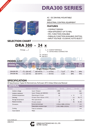 DRA300-24A datasheet - AC - DC DIN RAIL MOUNTABLE 300W INDUSTRIAL CONTROL EQUIPMENT