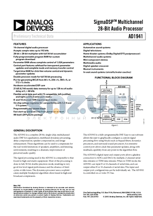 AD1941YSTZRL datasheet - SigmaDSP-TM Multichannel 28-Bit Audio Processor