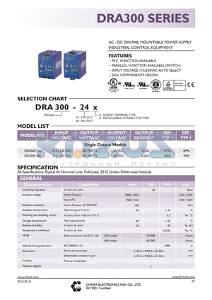 DRA300_10 datasheet - AC - DC DIN RAIL MOUNTABLE POWER SUPPLY INDUSTRIAL CONTROL EQUIPMENT