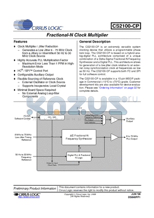 CS2100-CP-CZZR datasheet - Fractional-N Clock Multiplier