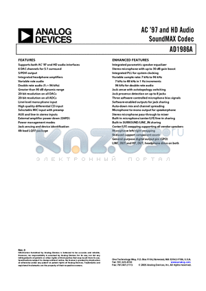 AD1986ABSTZ datasheet - AC 97 and HD Audio SoundMAX Codec