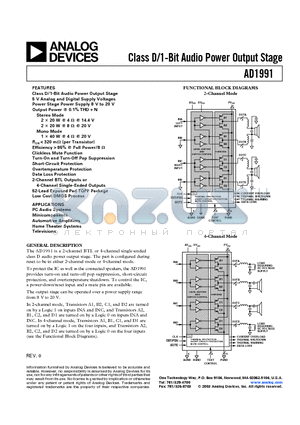 AD1991 datasheet - Class D/1-Bit Audio Power Output Stage