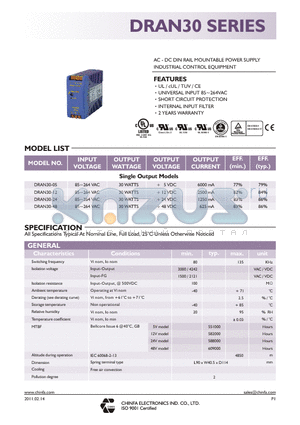 DRAN30-24 datasheet - AC - DC DIN RAIL MOUNTABLE POWER SUPPLY INDUSTRIAL CONTROL EQUIPMENT