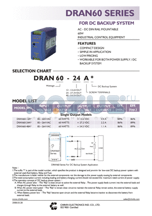 DRAN60-12A datasheet - AC - DC DIN RAIL MOUNTABLE 60W INDUSTRIAL CONTROL EQUIPMENT