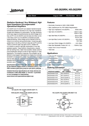 5962D9568801VGA datasheet - Radiation Hardened, Very Wideband, High Input Impedance Uncompensated Operational Amplifiers