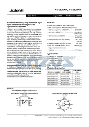 5962D9568801VPA datasheet - Radiation Hardened, Very Wideband, High Input Impedance Uncompensated Operational Amplifiers