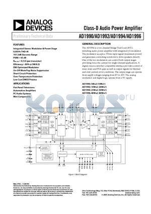 AD1996 datasheet - Class-D Audio Power Amplifier