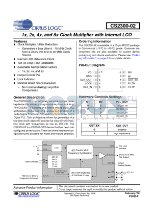 CS2300-02 datasheet - 1x, 2x, 4x, and 8x Clock Multiplier with Internal LCO