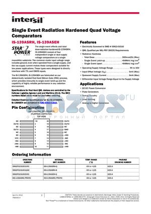 5962F0151001QXC datasheet - Single Event Radiation Hardened Quad Voltage Comparators