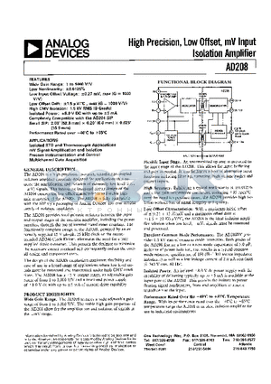 AD208BY datasheet - High Precision, Low Offset, mV Input Isolation Amplifier