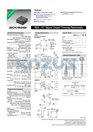 3250W-1-101 datasheet - 3250 - 1/2  Square Trimpot^ Trimming Potentiometer