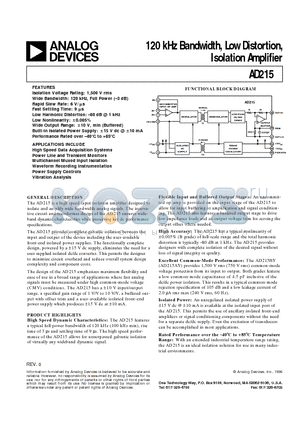AD215AY datasheet - 120 kHz Bandwidth, Low Distortion, Isolation Amplifier