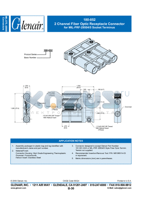 180-052 datasheet - 2 Channel Fiber Optic Receptacle Connector for MIL-PRF-29504/5 Socket Terminus