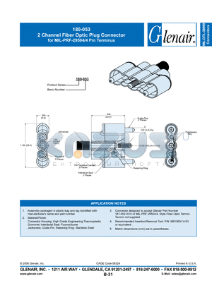 180-053 datasheet - 2 Channel Fiber Optic Plug Connector for MIL-PRF-29504/4 Pin Terminus