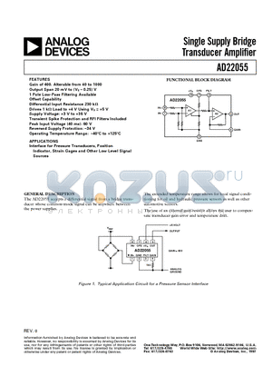 AD22055 datasheet - Single Supply Bridge Transducer Amplifier