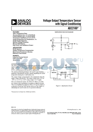 AD22100 datasheet - Voltage Output Temperature Sensor with Signal Conditioning