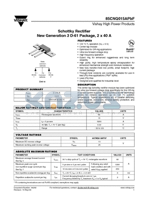 85CNQ015APBF datasheet - Schottky Rectifier New Generation 3 D-61 Package, 2 x 40 A