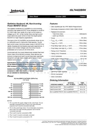 5962F0324801VXC datasheet - Radiation Hardened, 9A, Non-Inverting Power MOSFET Driver