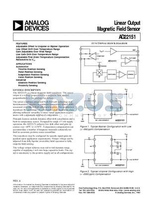 AD22151 datasheet - Linear Output Magnetic Field Sensor