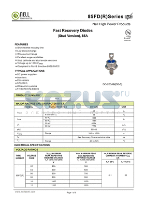 85FDR12A datasheet - Fast Recovery Diodes (Stud Version), 85A