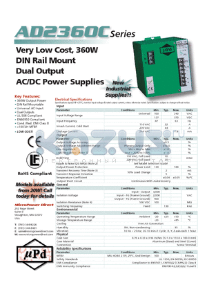 AD2360C datasheet - Very Low Cost, 360W DIN Rail Mount Dual Output AC/DC Power Supplies