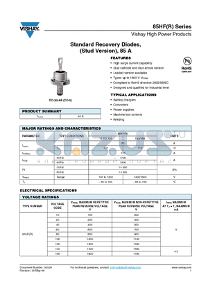 85HF10_12 datasheet - Standard Recovery Diodes, (Stud Version), 85 A