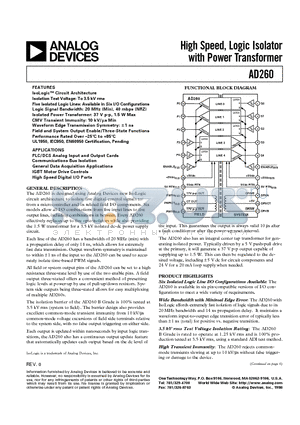 AD260AND-0 datasheet - High Speed, Logic Isolator with Power Transformer