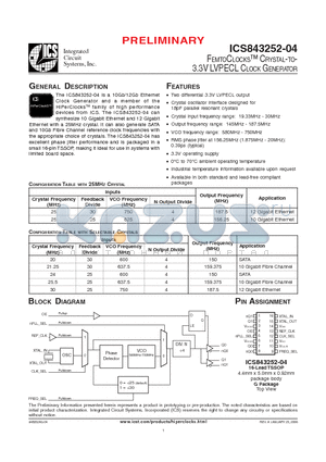 3252A04L datasheet - FEMTOCLOCKS CRYSTAL-TO-3.3V LVPECL CLOCK GENERATOR