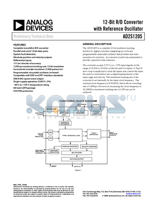 AD2S1205WSTZ datasheet - 12-Bit R/D Converter with Reference Oscillator