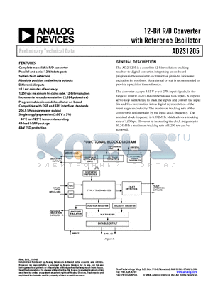 AD2S1205YSTZ datasheet - 12-Bit R/D Converter with Reference Oscillator